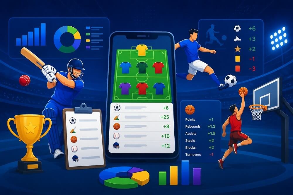 Fantasy sports scoring dashboard explaining fantasy points, bonuses, deductions, multipliers, and player performance statistics.
