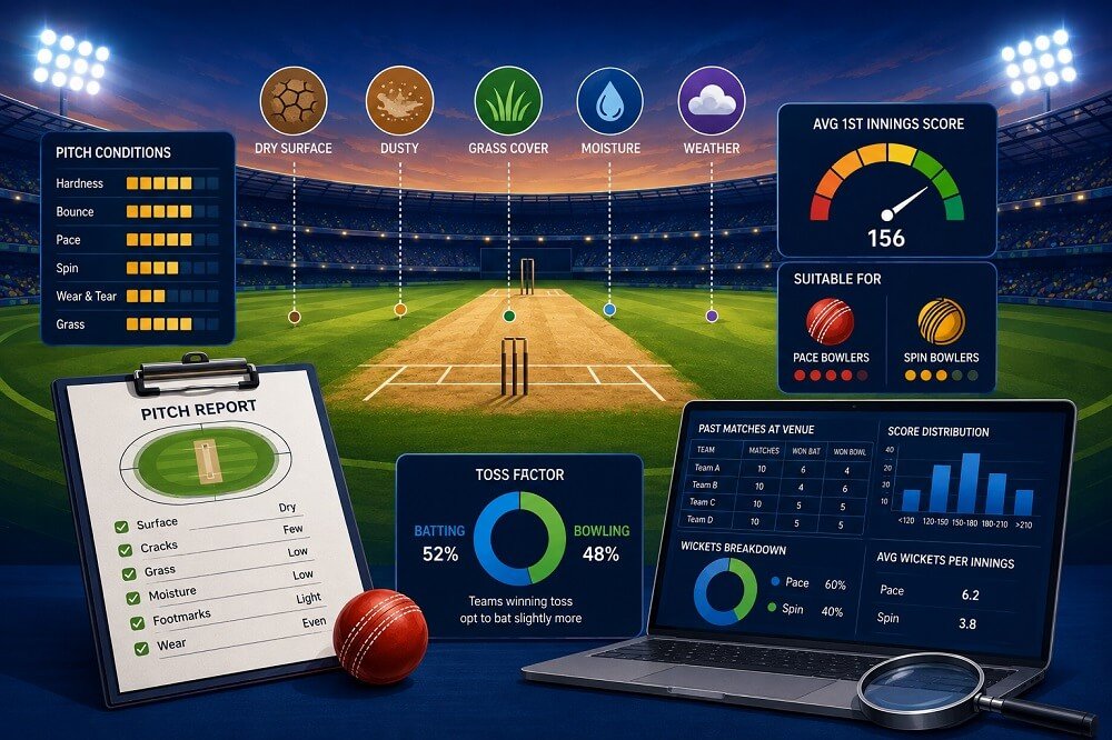 Cricket pitch report dashboard showing pitch conditions, grass coverage, bounce analysis, weather forecast, and venue statistics.